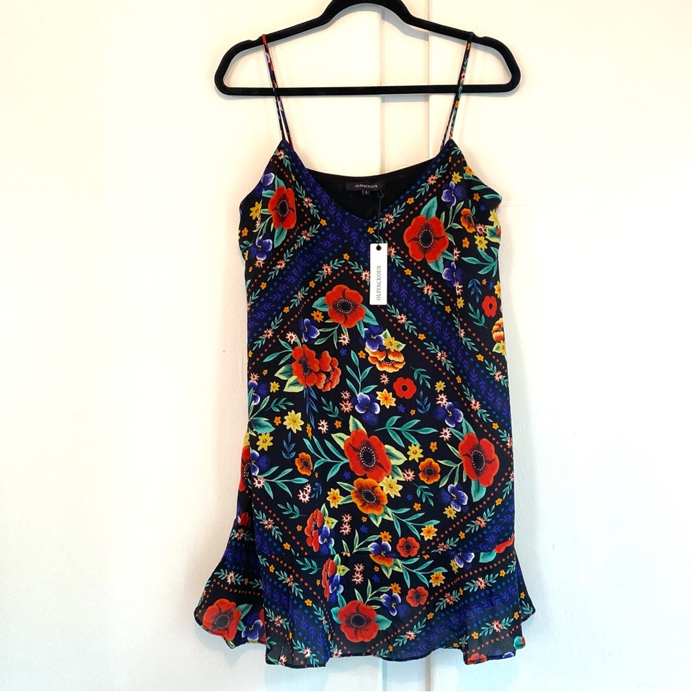NWT Olivaceous Salma Black/Blue Floral Slip Cami Mini Dress Lined Flounce Hem L